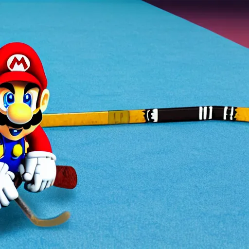 Prompt: super mario playing hockey, highly detailed, extremely high quality, hd, 4 k, 8 k, canon 3 0 0 mm, professional photographer, 4 0 mp, lifelike, top - rated, award winning, realistic, detailed lighting, detailed shadows, sharp, no blur, edited, corrected, trending