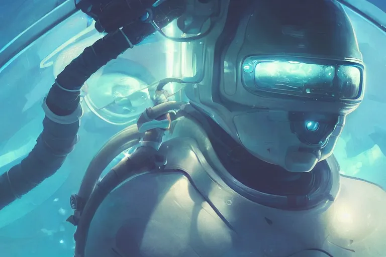 Prompt: futuristic astronaut underwater in the ocean at night, volumetric lighting, glowing lights, 4k, octane, digital painting, artstation, concept art, sharp focus, illustration, art by artgerm and greg rutkowski and alphonse mucha