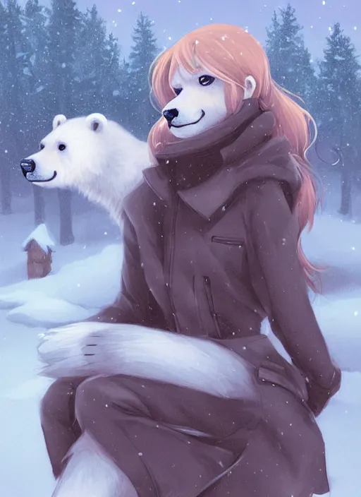 Image similar to award winning beautiful portrait commission art of a female furry anthro polar bear fursona with a cute beautiful attractive detailed furry face wearing cute stylish winter clothes at a comfy winter cabin at dusk by firelight. Character design by charlie bowater, ross tran, artgerm, and makoto shinkai, detailed, inked, western comic book art