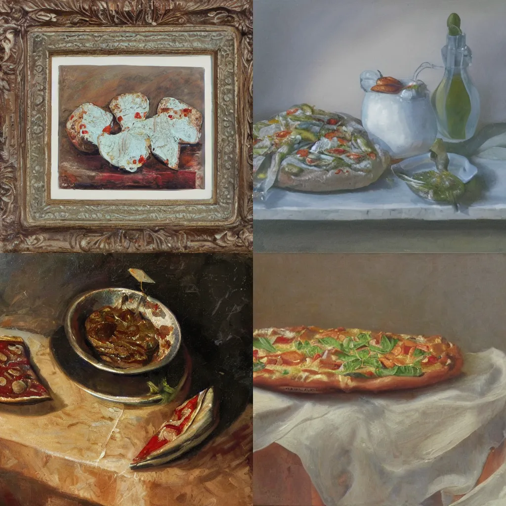 Image similar to Dutch still life of a Pizza Magaritha, oil painting