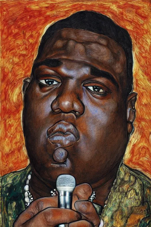 Prompt: a portrait of biggie smalls holding a mic in a hand by egon schiele, masterpiece, hyperdetailed, complex, intricate, old school, 9 0 s, 4 k, trending on artstation