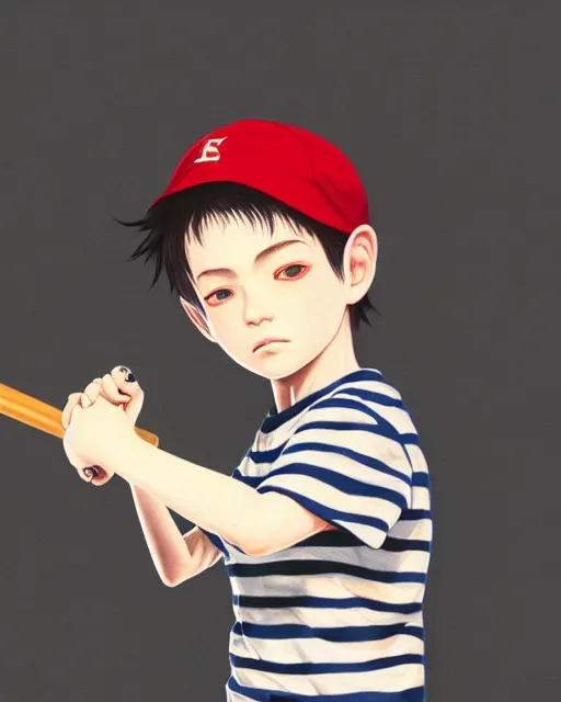 Prompt: a young boy wearing a horizontal striped shirt and a red baseball cap and jean shorts, holding a baseball bat, digital painting, artstation, concept art, sharp focus, octane render, illustration, art by takato yamamoto,