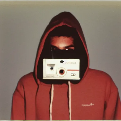 Image similar to varan wearing hoodie, holding polaroid camera, 8 0 s, polaroid photo, by warhol,