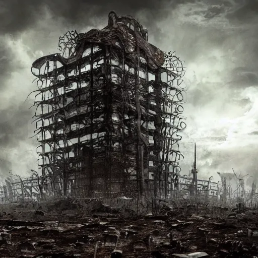 Image similar to giant evil bio-organic fleshy complex machine tower with tendrils and one eyeball at the top looking over a stormy post-apocalyptic wasteland, dystopian art