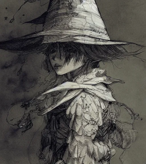 Image similar to portrait of fumo doll wearing witch hat, pen and ink, intricate line drawings, by craig mullins, ruan jia, kentaro miura, greg rutkowski, loundraw