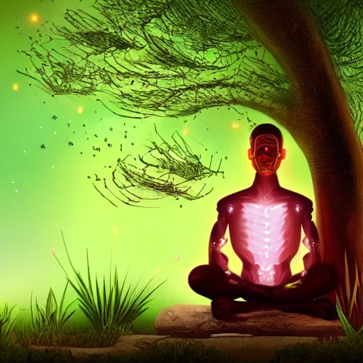 Image similar to A cyborg meditating under a tree at night, fireflies flying around him, photorealistic style