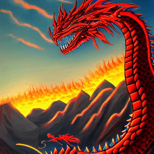 Image similar to a very detailed painting of a crimson dragon spitting out hot blue flames out of it's mouth while on top a mountain under the beautiful setting sun