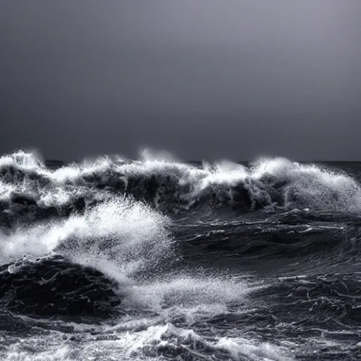 Prompt: dark ocean, towering waves, grey - scale, highly turbulent, deep focus, dark sky, high point of view, hands and faces