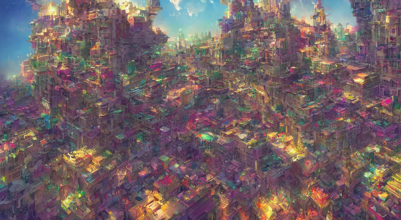 Image similar to bazaar zouk place aladin block greeble multicolorful sky shine mattepainting, street art, trending on artstation, by huang guangjian and gil elvgren and sachin teng