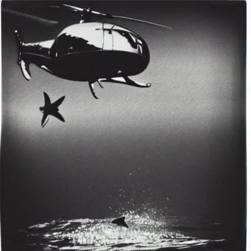 Image similar to a polaroid picture of a whale swimming under the sea, aquatic helicopters flying around the whale