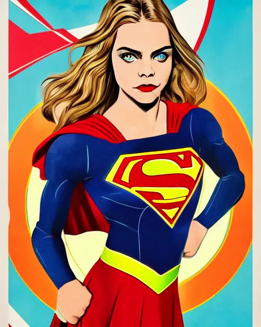 Prompt: high quality presentation digital print of a cara delevigne as supergirl, soviet poster art style black red white, head and shoulders