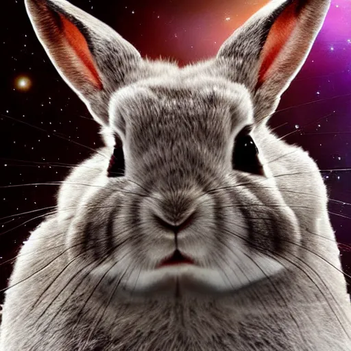 Prompt: serious rabbit's face only made by nebula space, higher realistic