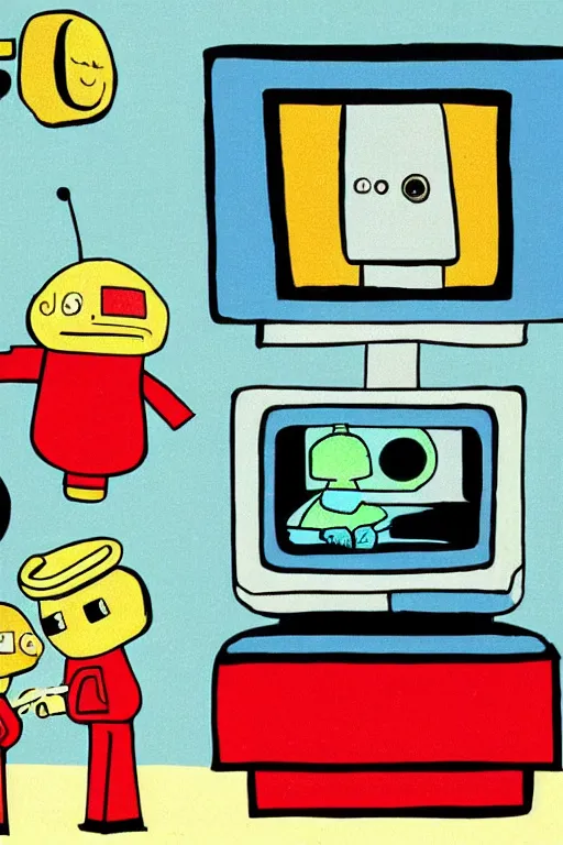 Image similar to an illustration of robots watching tv in the style of goodnight moon by margaret wise brown