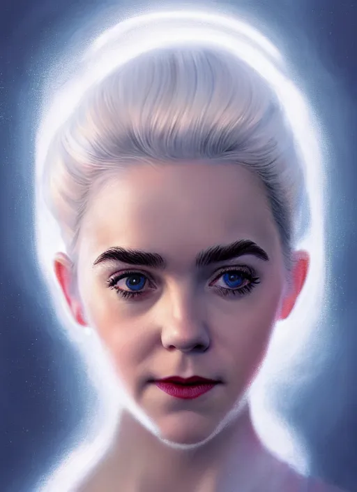 Prompt: portrait of kiernan shipka as sabrina spellman, white hair, 1 9 6 0 s hairstyle, hairband, intricate, elegant, glowing lights, highly detailed, digital painting, artstation, concept art, smooth, sharp focus, illustration, art by wlop, mars ravelo and greg rutkowski