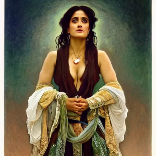 Prompt: salma hayek medium shot portrait by alphonse mucha, perfect proportions, beautiful face, perfect eyes, real life colors, elegant, sharp focus, hyper - realistic, 4 k, highly detailed, hd, dramatic lighting by brom