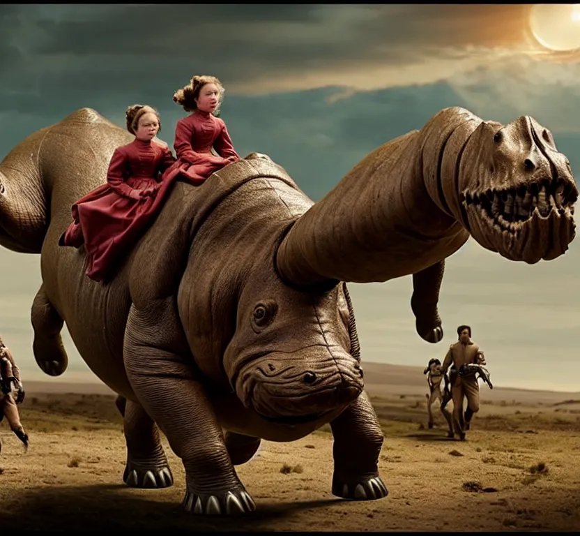 Image similar to sharp, highly detailed, film from a 2 0 1 9 sci fi 8 k movie, set in 1 8 6 0, a family riding on the back of small alien hippos, across an alien landscape, wearing 1 8 6 0 s clothes, atmospheric lighting, in focus, reflective eyes, 3 5 mm macro lens, live action, nice composition