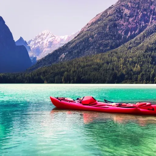 Prompt: a beautiful image of a breathtaking lake with amazing mountains in the background, there is a kayak in the foreground on the beach. landscape image