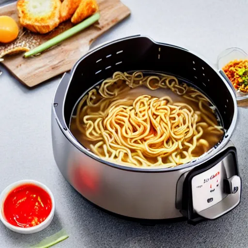 Prompt: Cooking ramen noodle soup in an airfryer, photo, kitchen interior background