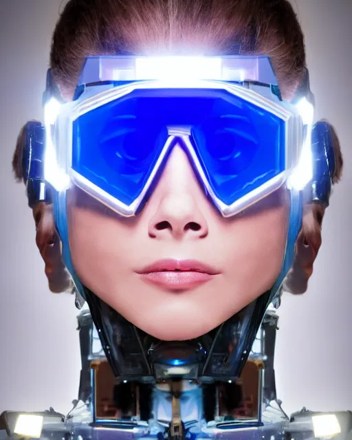 Image similar to centered portrait of soulful young brooke burke as a solarpunk mecha humanoid robotic parts wearing crystal goggles with bright led lights, real human face, pudica gesture bouguereau style, in white room, ultra - realistic and intricate, soft portrait shot 8 k