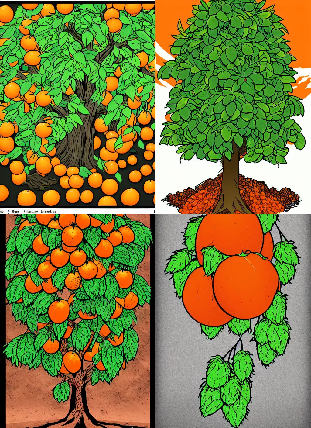 Prompt: a tangerine tree made of oversized hops, fresh and juicy. comic book style. drawing. detailed. hq.