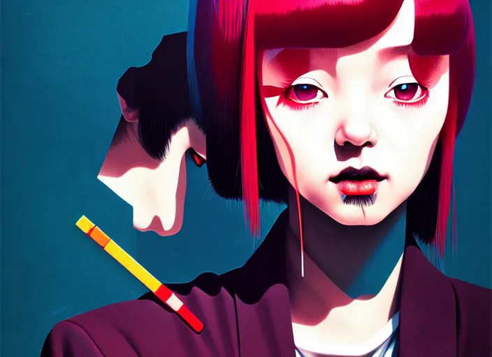 Image similar to editorial illustration by Karolis Strautniekas and Mads Berg, colorful, anime portrait vampire princess miyu, katsuhiro otomo, manga, Ilya kuvshinov,fine texture, realistic shading, fine details, matte colors, film noir, dramatic lighting, dynamic composition, moody, vivid, volumetric