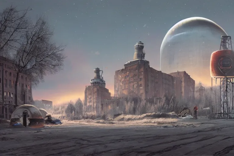 Prompt: a beautiful matte painting of a alien spaceship over the soviet, russian village, communist, simon stalenhag and alan bean, trending on artstation, realistic rendering