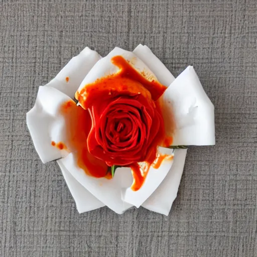 Prompt: a rose made out of hot sauce