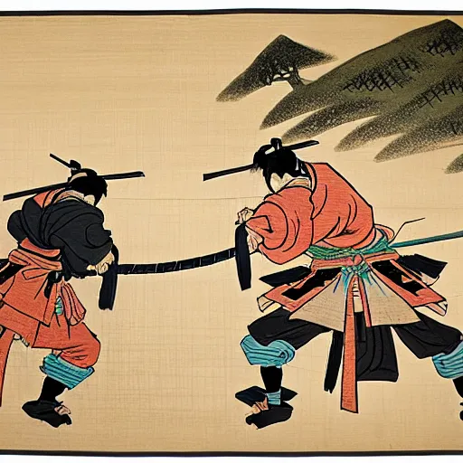 Prompt: two samurai battle each other with different banner, one with tortoise banner, one with wolf banner, wood block painting style, outline style, hand drawn style, hokusai style, circa 1 5 0 0 s, history, legendary battle, epic battle, breath taking, piece of history, museum collection, scretch, dust, grain, noise, on wood