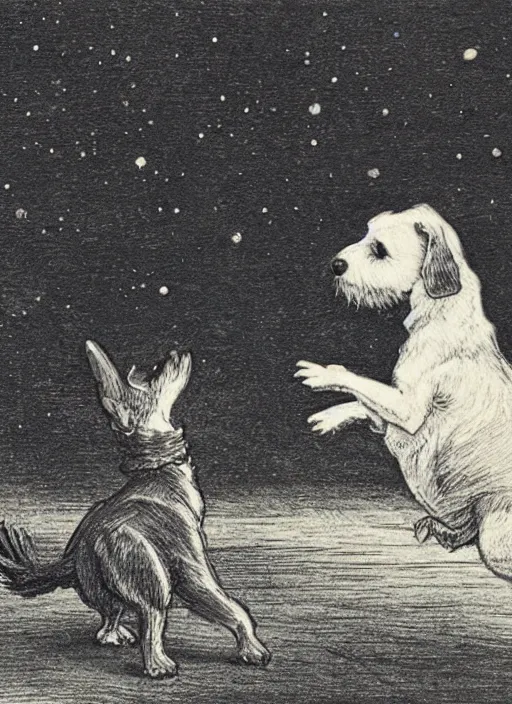 Image similar to candid portrait of jack russel dog howling, night sky, highly detailed, side view, illustrated by peggy fortnum and beatrix potter and sir john tenniel