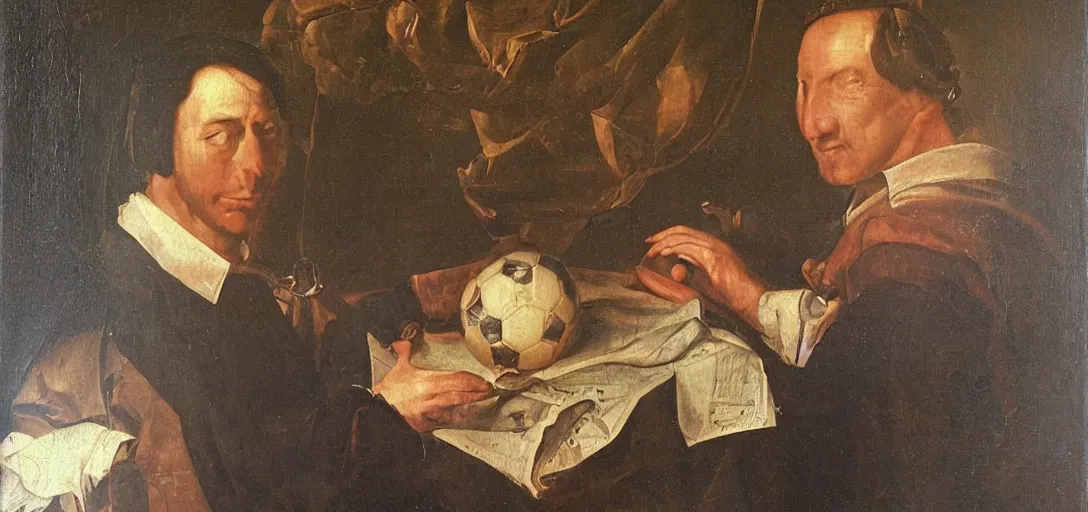 Image similar to Renaissance oil portrait of a man inventing soccer, a soccer ball is inspected, fog, maniacal smiling, high-quality realistic oil painting with detailed strokes, robed Renaissance scholar,