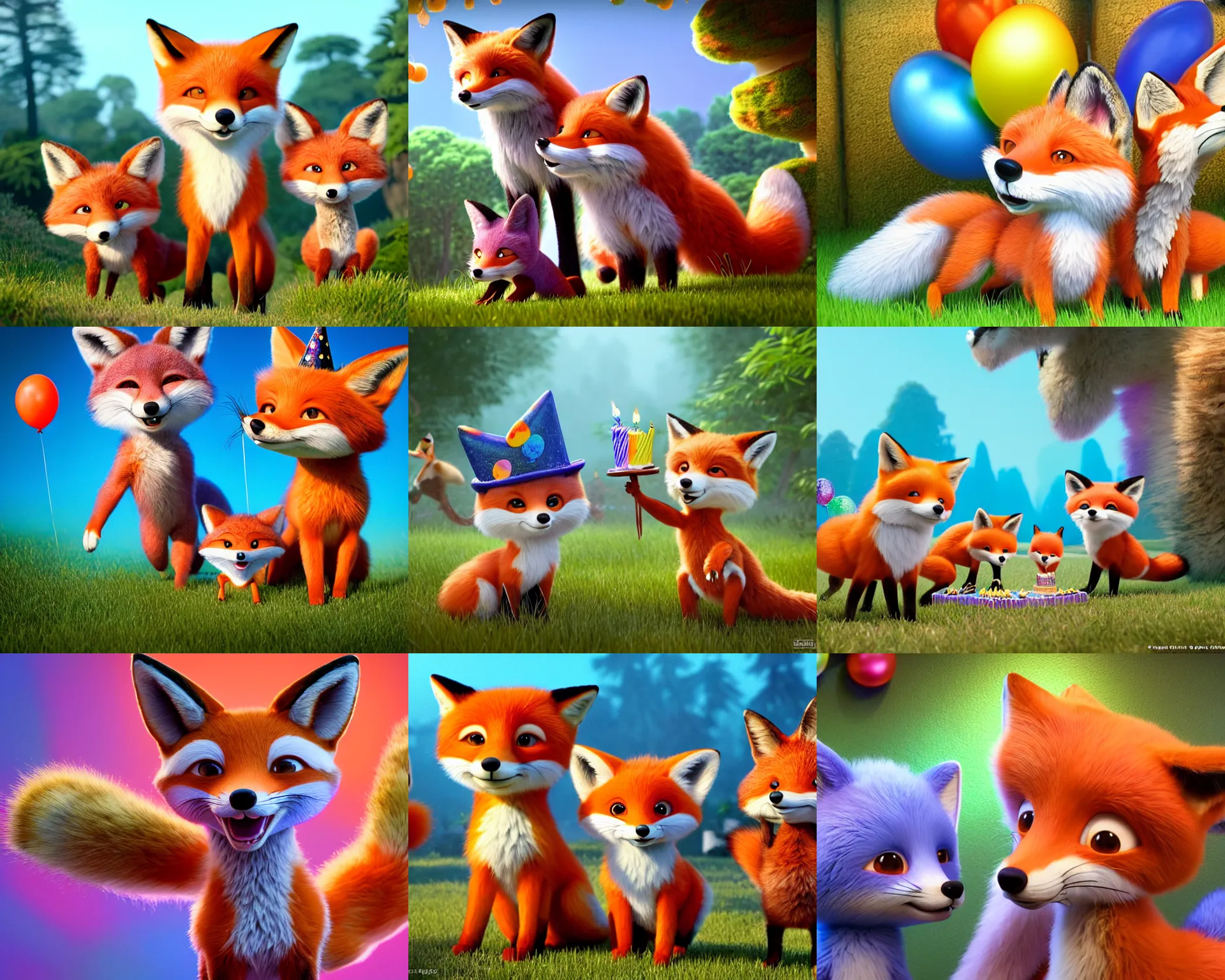 Prompt: 3 foxes of different color celebrating a birthday party, ultra hd, rich aquarel, dynamic lighting, intricate detail, summer vibrancy, fur visible, cinematic, nature background, 3d, ultra hd, character design by Mark Ryden and Pixar and Hayao Miyazaki, unreal 5, DAZ, hyperrealistic, octane render, cosplay, RPG portrait, dynamic lighting, intricate detail, summer vibrancy, cinematic