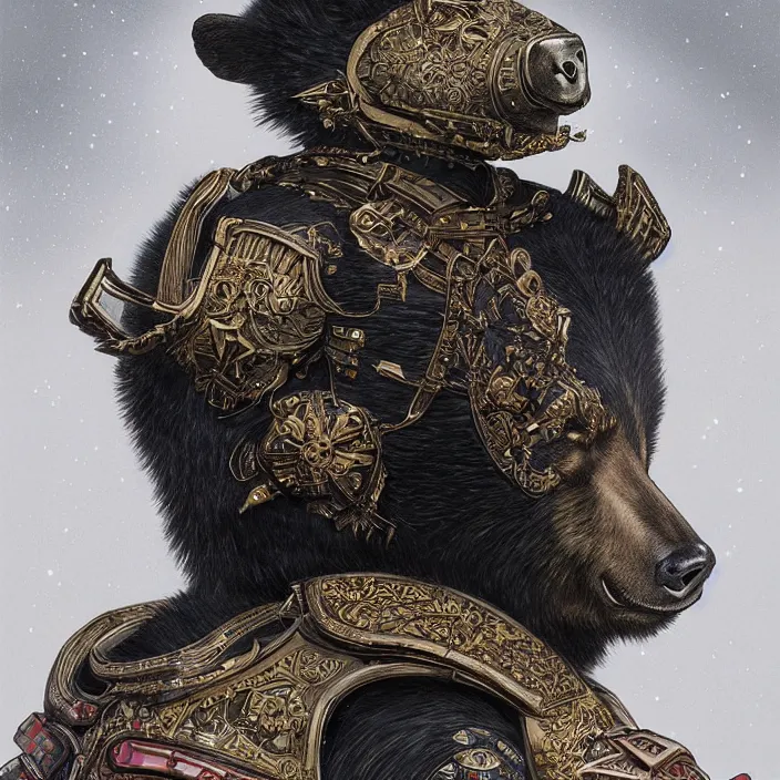 Image similar to ultra realistic illustration, anthropomorphic samurai asian black bear with armor made of stars, sci - fi, fantasy, intricate, elegant, highly detailed, digital painting, artstation, concept art, smooth, sharp focus, illustration, art by artgerm and alphonse mucha