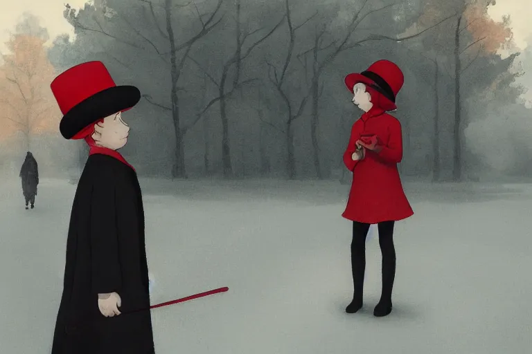 Prompt: a thin man in a black coat and bowler hat talks with small young girl who is dressed in a red coat and a red hat, park, autumn, 1923, wide angle, high detail, By Makoto Shinkai, Stanley Artgerm Lau, WLOP, Rossdraws, James Jean, Andrei Riabovitchev, Marc Simonetti, krenz cushart, Sakimichan, D&D trending on ArtStation, digital art,