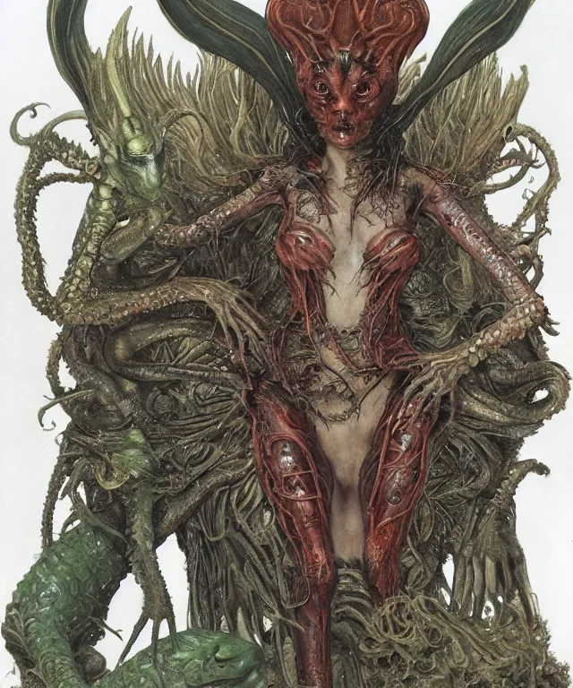 Prompt: portrait photograph of a fierce sadie sink as an alien harpy queen with slimy amphibian skin. she is trying on evil bulbous slimy organic membrane fetish fashion and transforming into a fiery succubus amphibian villian squid. by donato giancola, walton ford, ernst haeckel, brian froud, hr giger. 8 k, cgsociety