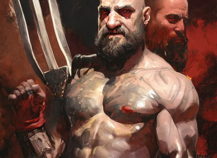 Image similar to a highly detailed beautiful portrait of robert deniro as kratos, by gregory manchess, james gurney, james jean