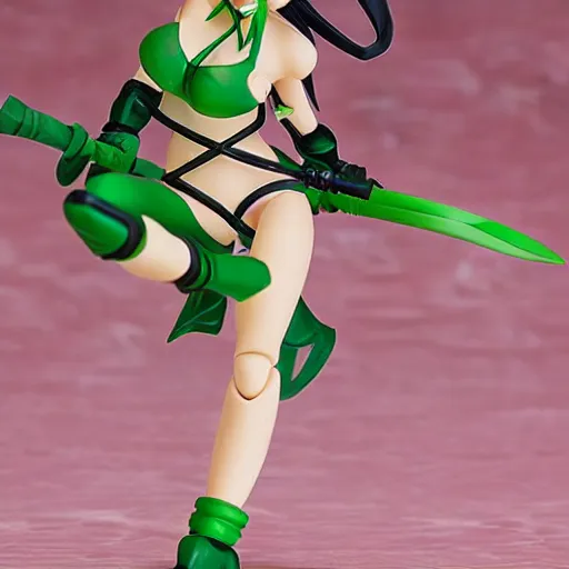 Image similar to league of legends akali as a Figma doll. Posable anime figurine. Kunai, Kama-wielding, green facemask, green outfit. PVC figure 12in.