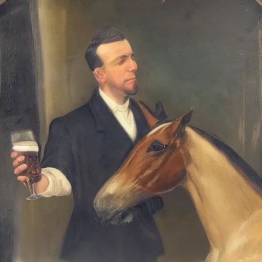 Image similar to painting of a man drinking a guinness on a horse