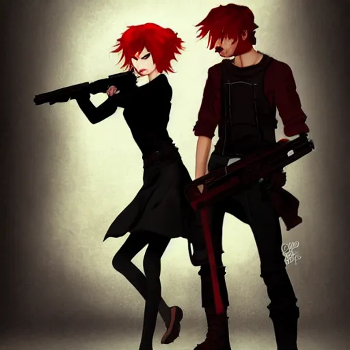 Image similar to a concept art of a boy and a girl with red hair holding a gun, gothic clothes, clean silhouette, highly detailed, digital painting, artstation, concept art, smooth, sharp focus, illustration