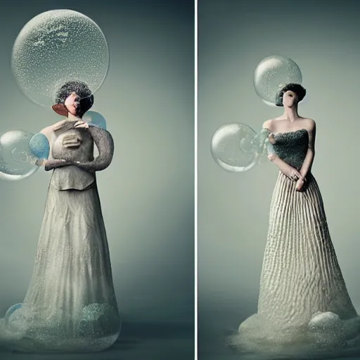 Prompt: medium shot of a woman wearing an armor made of bubbles. soft. fragile. by ray caesar. by louise dahl - wolfe. by anna claren. surreal photography