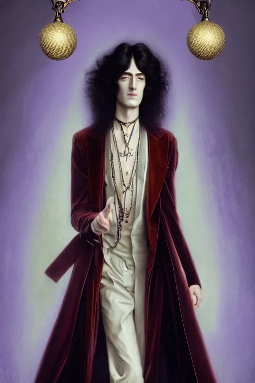 Image similar to a beautiful androgynous man, long hair, tall and thin, dressed in velvet, rock star, young jimmy page, wearing several pendants and a choker, illustration, dramatic lighting, soft details, painting, art nouveau, octane render, 8 k, hd, by edmund blair leighton, brom, charlie bowater, faces by otto schmidt