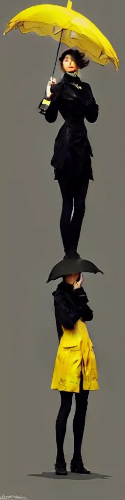 Image similar to A very tall, slender woman wearing black puffy clothes and holding a yellow umbrella, sharp focus, intricate, elegant, digital painting, artstation, matte, highly detailed, concept art, illustration, ambient lighting, art by artgerm, Alphonse mucha, and Greg Rutkowski