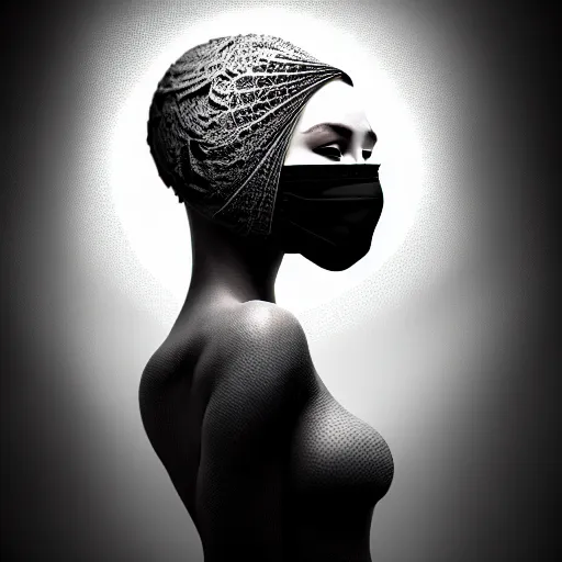 Image similar to tight portrait of a young beautiful woman with eyes closed, with a face covering mask. fractal and mandelbulb, speed painting and scribble art, octane render and portrait. behance and artstation, black and white. intricate detail, beautiful, moody, cinematic. art deco, surrealism, futurism, Unreal Engine, photorealistic.