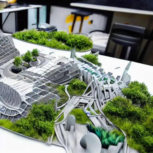 Image similar to architecture model of a futuristic city, lot of vegetation, light inside building, crowded street, table sized, maquette, axonometric, hyperrealism, photography