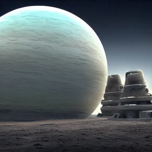 Prompt: Neptune land base station designed by Bryen Frost in the style of James Gurney , 8k resolution beautiful dark ambient realism , matte painting Unreal Engine