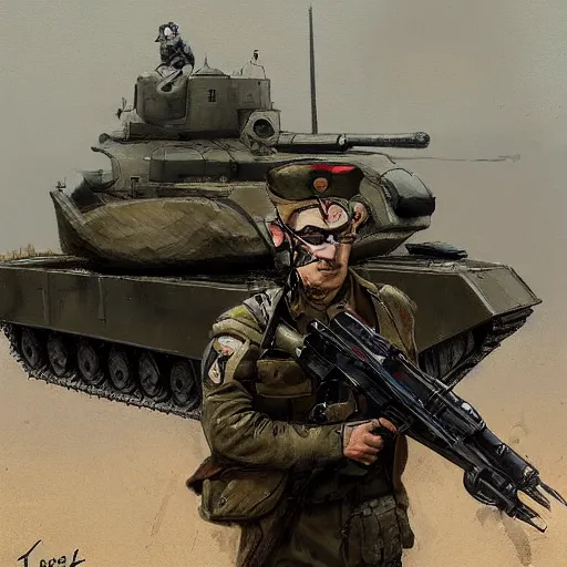 Image similar to cute caracal in military uniform on an tank, portrait, jakub rozalski, dark colours, dieselpunk, artstation