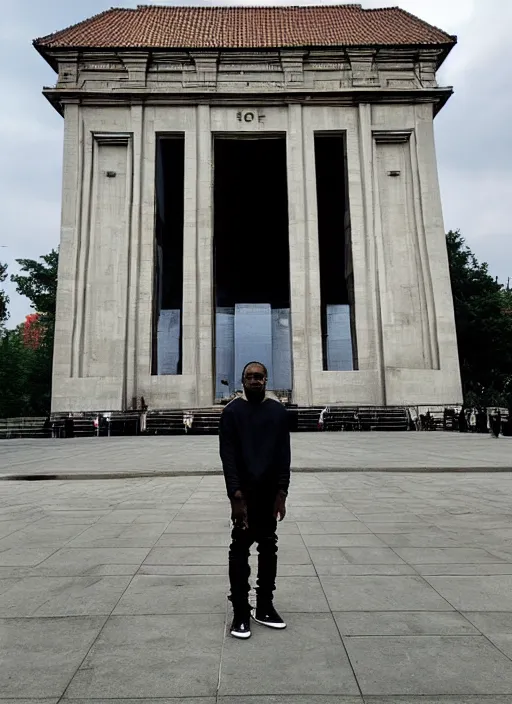 Image similar to Kanye West standing in front of the entrance to Huta Katowice, big Huta Katowice text over the entrance, iPhone photo