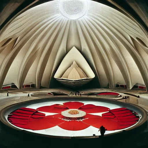 Prompt: interior of a futuristic lotus temple with gold, red and white marble panels, in the desert, by buckminster fuller and syd mead, intricate contemporary architecture with art nouveau motifs, photo journalism, photography, cinematic, national geographic photoshoot