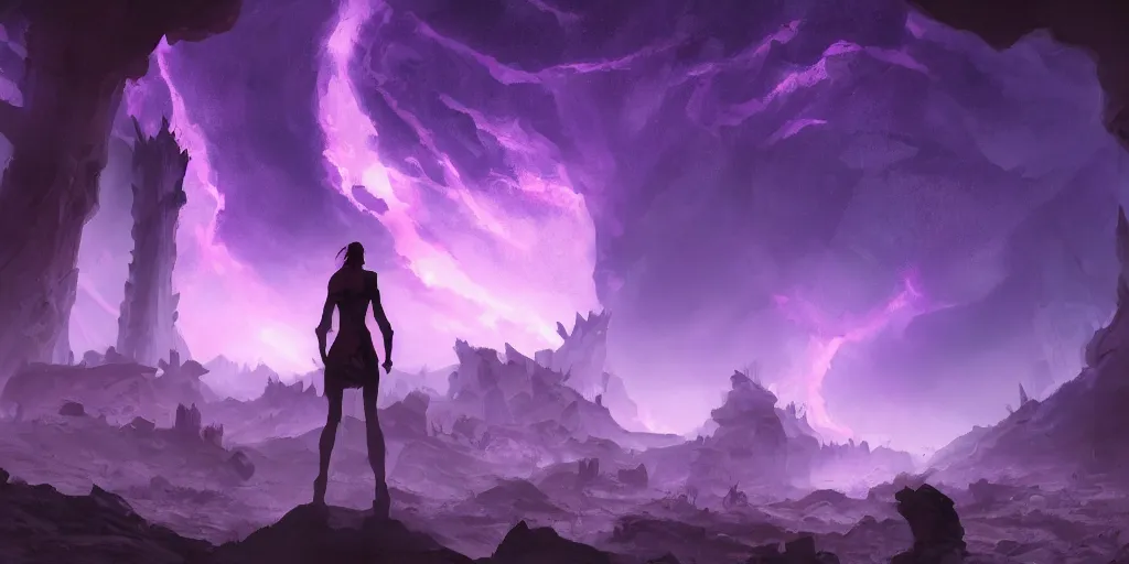 Image similar to one small female silhouette standing in the ruins of crux prime, purple fiery maelstrom in the distance, digital art, artstationhq