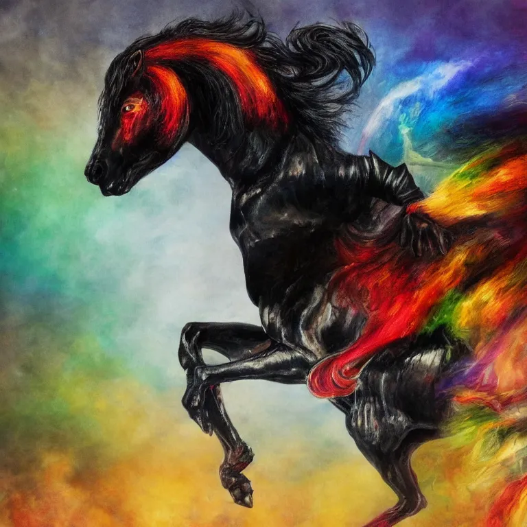 Image similar to fantasy portrait of a rainbow demon riding a black horse