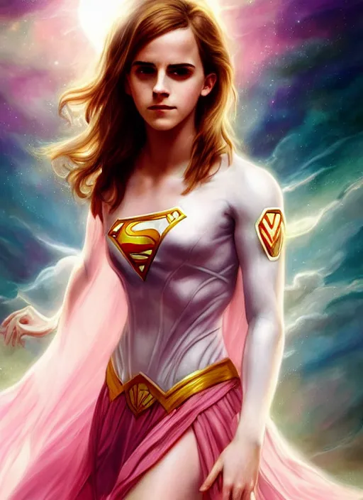 Image similar to emma watson as nature magic celestial, superwoman pose, long hair, soft pink and white transparent cloth, space, D&D, shiny background, intricate, elegant, highly detailed, digital painting, artstation, concept art, smooth, sharp focus, illustration, artgerm, bouguereau
